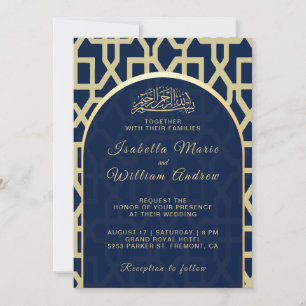 Convite Azul Real e Dourado Mihrab Islâmico Casamento Muçu
