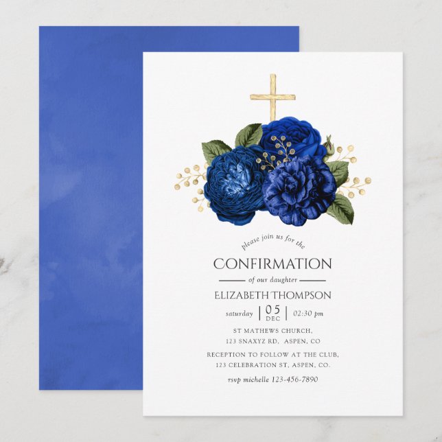Convite Azul Real e Floral de Confirmação Dourada (Frente/Verso)