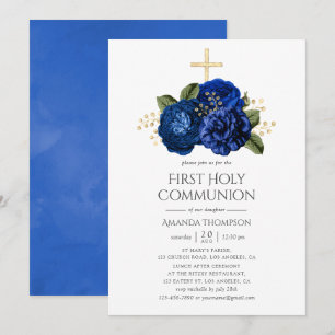 Convite Azul Real e Floral Dourado Primeira Comunhão