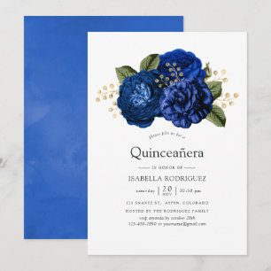 Convite Azul Real e Floral Dourado Quinceañera