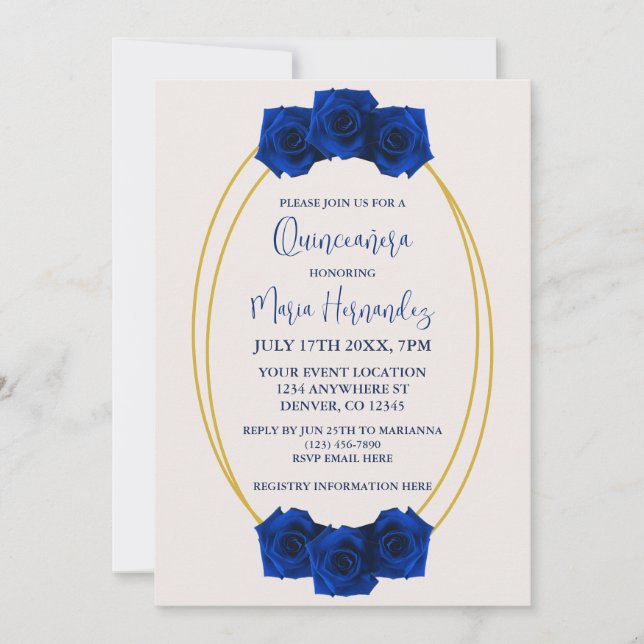 Convite Azul Real e Geométrico Dourado Quinceañera (Frente)
