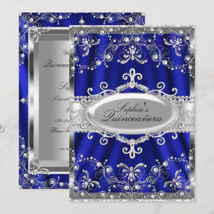 Convite Azul Real E Jóia De Damasco Prata Quinceanera