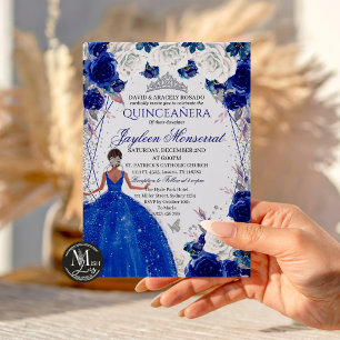 Convite Azul Real e Lantejoulas Prata Quinceañera Princesa