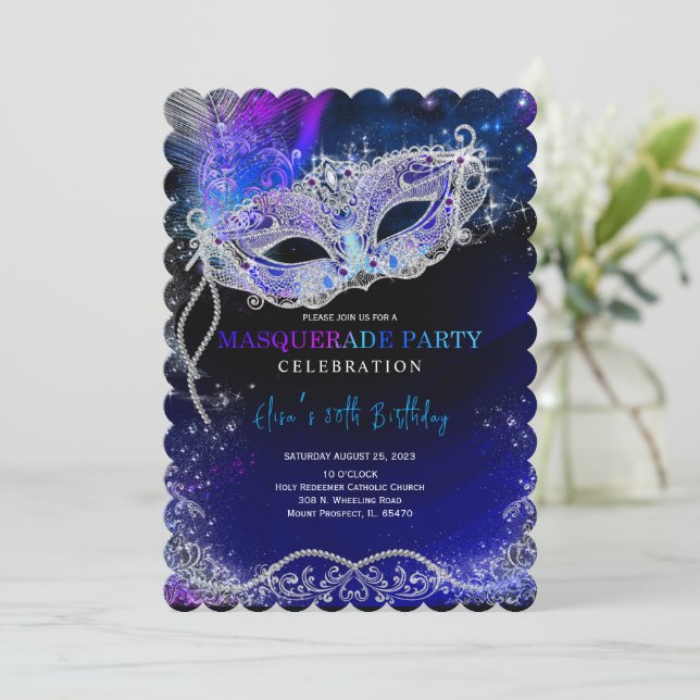 Convite Azul Real e Prata para Festa de Máscaras (Em pé/Frente)