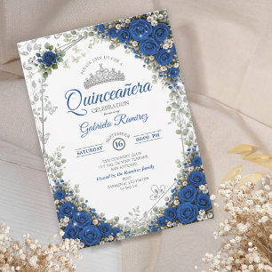 Convite Azul Real e Prata Quinceañera Rosas Azuis