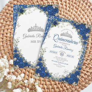Convite Azul Real e Prata Quinceañera Rosas Azuis