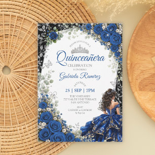 Convite Azul Real e Preto Quinceañera Borboleta Prata