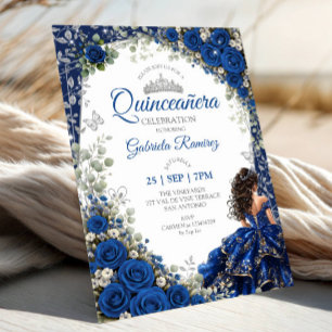 Convite Azul Real e Quinceañera de Borboletas Prateadas Na