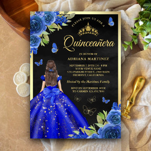 Convite Azul Real Floral Borboleta Preto Dourado Quinceane