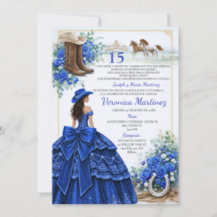 Convite Azul Real Floral Charra Princesa 15 Anos Espanhola