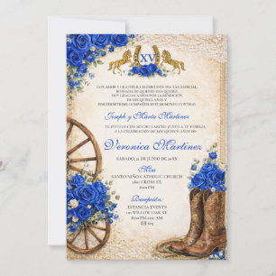 Convite Azul Real Floral Doce 15 Anos Ocidental Espanhol