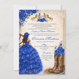 Convite Azul Real Floral Espanhol 15 Anos Charra Ocidental