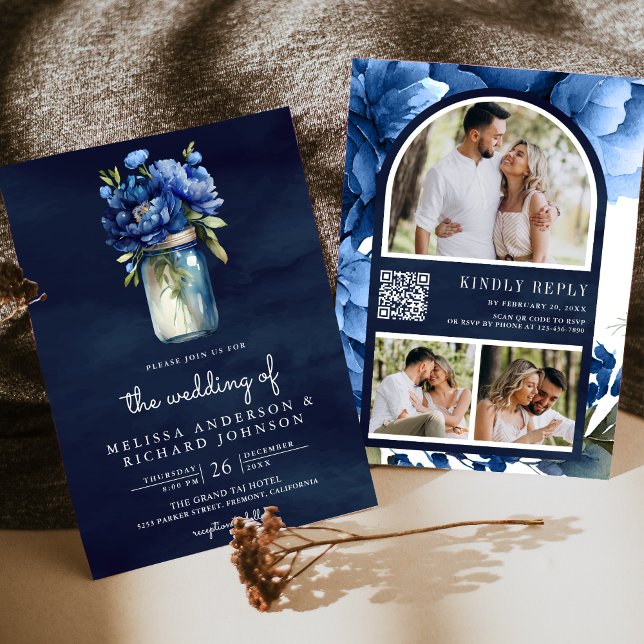 Convite Azul Real Floral Jarro de Mason Código QR Casament (Criador carregado)