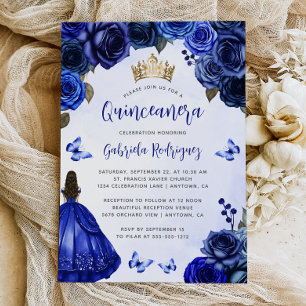 Convite Azul Real Floral Princesa Quinceañera Aquarela