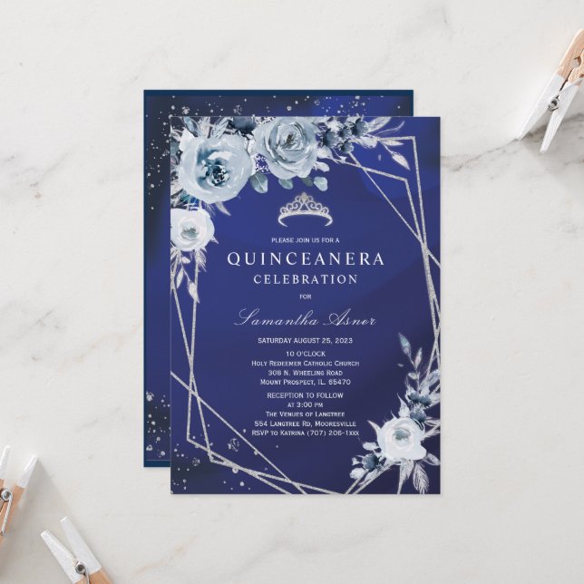 Convite Azul Real Floral Quinceañera (Frente/Verso In Situ)