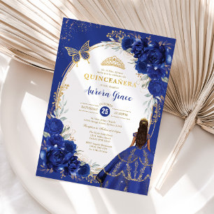 Convite Azul Real Floral Quinceañera Borboleta Meus Quinze