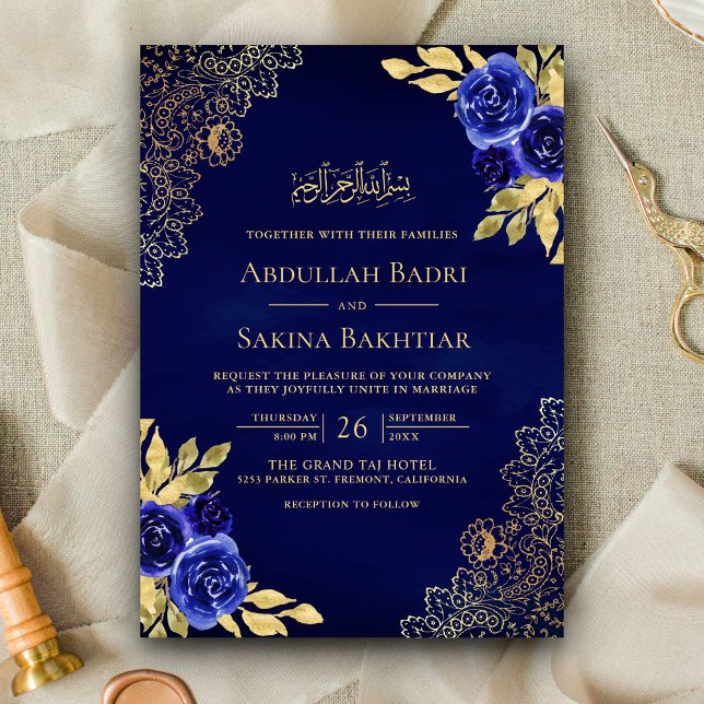 Convite Azul Real Floral Renda Código QR Casamento Muçulma (Criador carregado)