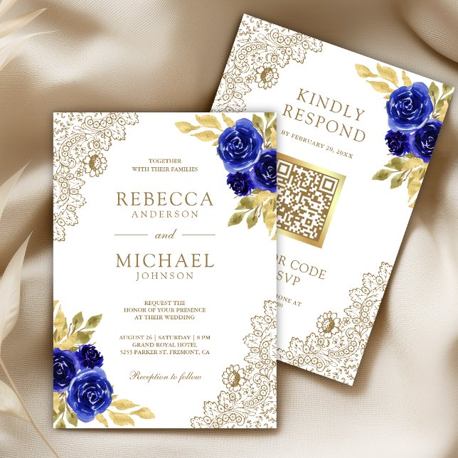 Convite Azul Real Floral Renda Dourada Código QR Branco Ca (Criador carregado)