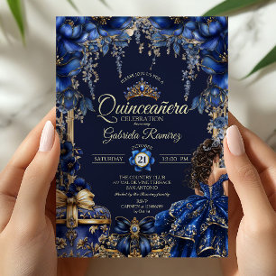 Convite Azul Real Floral Tiara Quinceañera Dourada