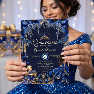 Convite Azul Real Floral Tiara Quinceañera Dourada