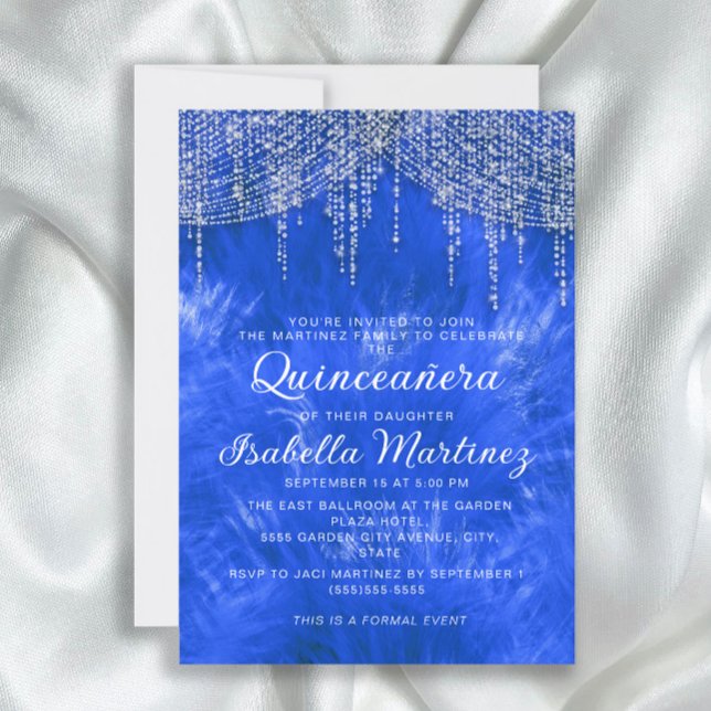 Convite Azul Real Luzes de Corda Prata Elegante Quinceañer (Elegant royal blue and silver string lights Quinceañera invitation)