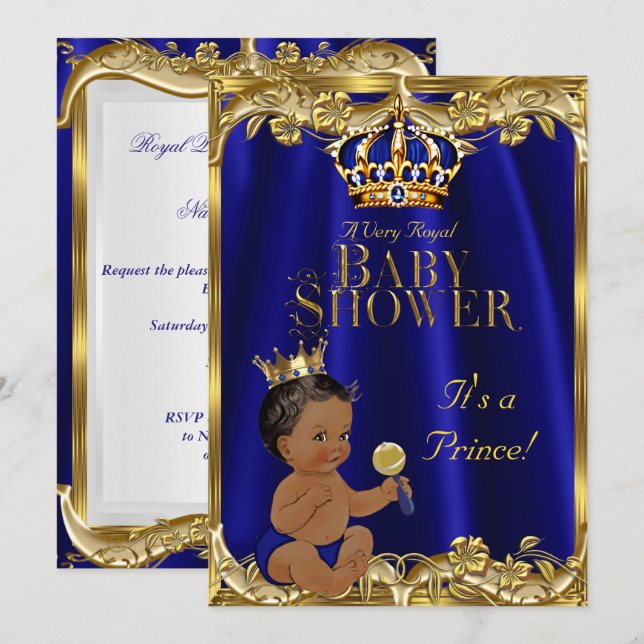 Convite Azul Real Marinho Dourado Chá do Bebê Prince Étnic (Frente/Verso)