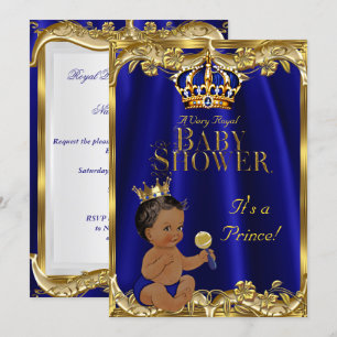 Convite Azul Real Marinho Dourado Chá do Bebê Prince Étnic