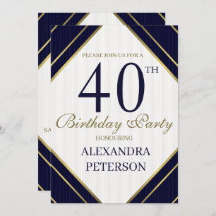 Convite Azul Real Moderno Branco E Dourado Dia de Aniversá