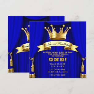 Convite Azul Real Ouro Coroa Real Príncipe 1º Aniversário