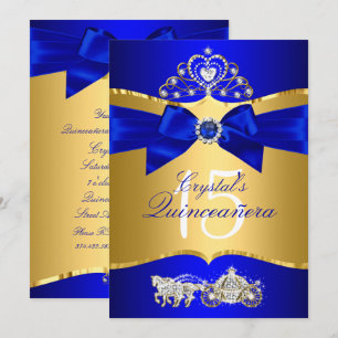 Convite Azul Real Ouro Tiara Pérola Laço Quinceanera