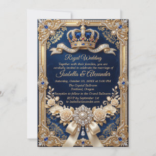 Convite Azul Real Pérola Coroa Ouro Luxo Elegante