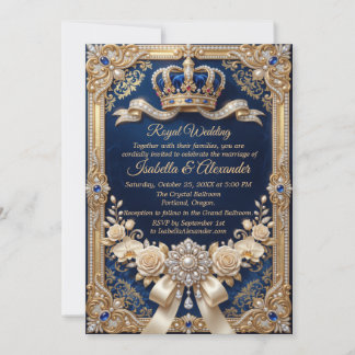 Convite Azul Real Pérola Coroa Ouro Luxo Elegante