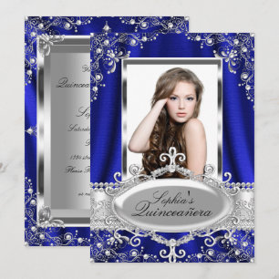 Convite Azul Real Pérola Seda Glamour Vintage Quinceanera