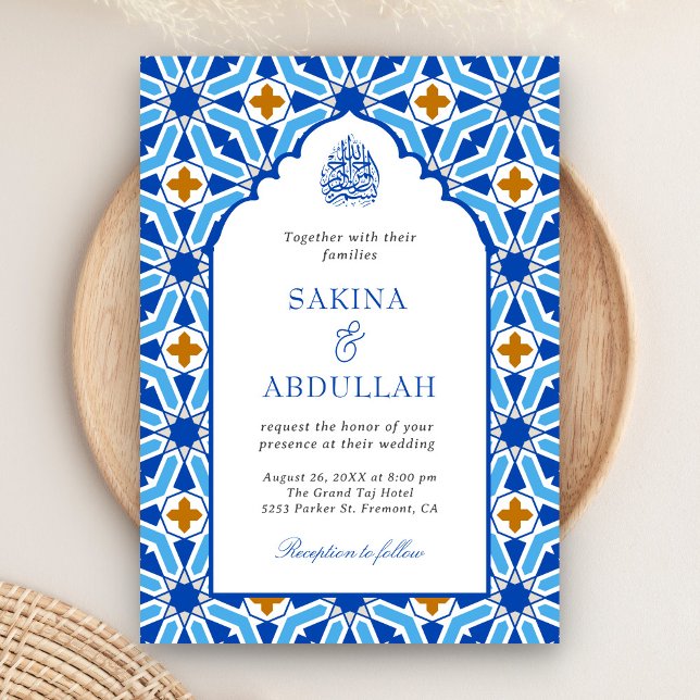 Convite Azul Real Persa Mosaico Código QR Casamento Muçulm (Criador carregado)