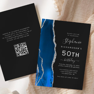 Convite Azul Real Prata Ágata Código QR 50º Aniversário