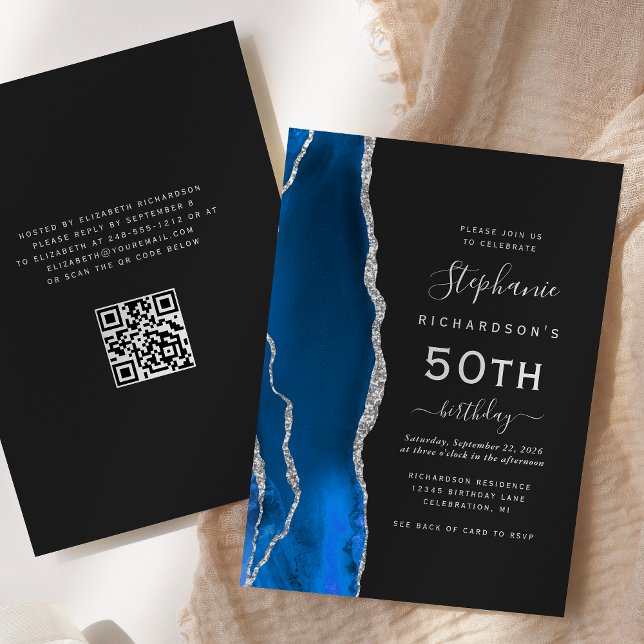 Convite Azul Real Prata Ágata Código QR 50º Aniversário (Criador carregado)