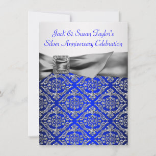 Convite Azul Real Prata Damask Prata 25º Aniversário