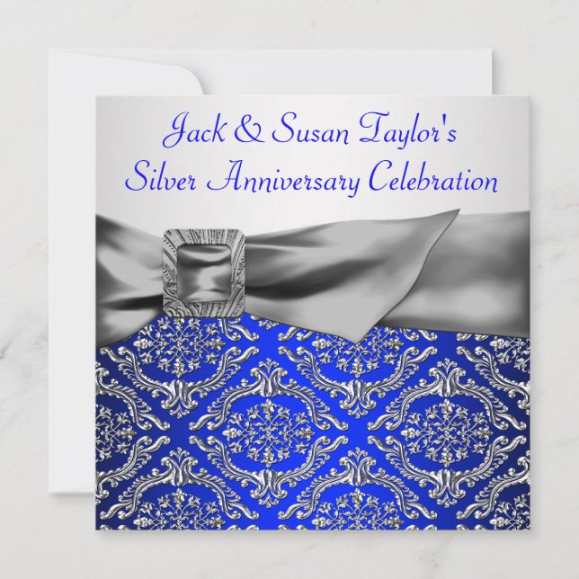 Convite Azul Real Prata Damask Prata 25º Aniversário (Frente)