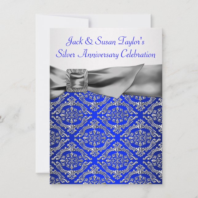 Convite Azul Real Prata Damask Prata 25º Aniversário (Frente)