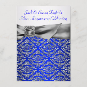 Convite Azul Real Prata Damask Prata 25º Aniversário