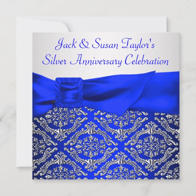 Convite Azul Real Prata Damask Prata 25º Aniversário (Frente)