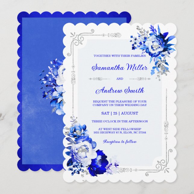 Convite Azul Real, Prata e Branco Cores de Casamento (Frente/Verso)