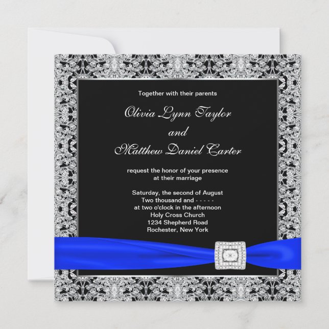 Convite Azul Real Preto Prata Renda Casamento (Frente)