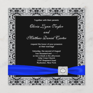 Convite Azul Real Preto Prata Renda Casamento