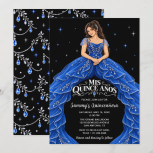 Convite Azul Real Princesa Quinceañera Prata