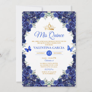 Convite Azul Real Quinceañera 15 Anos Flores Coroa Dourada