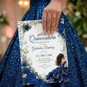 Convite Azul Real Quinceañera Borboletas Prateadas