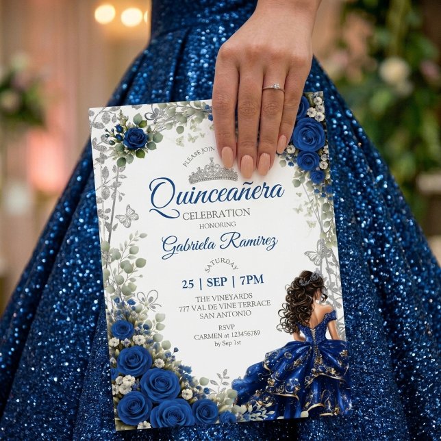 Convite Azul Real Quinceañera Borboletas Prateadas (Criador carregado)
