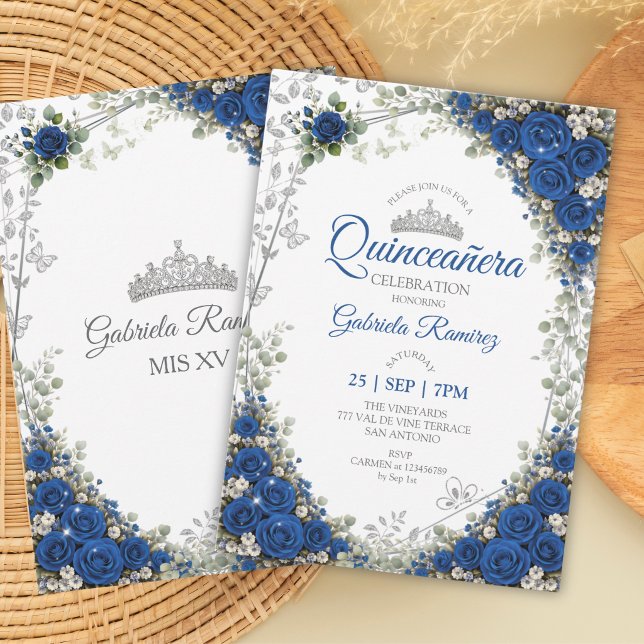 Convite Azul Real Quinceañera Borboletas Prateadas (Criador carregado)