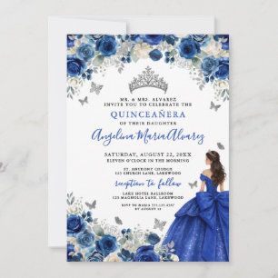 Convite Azul Real Quinceanera Prata